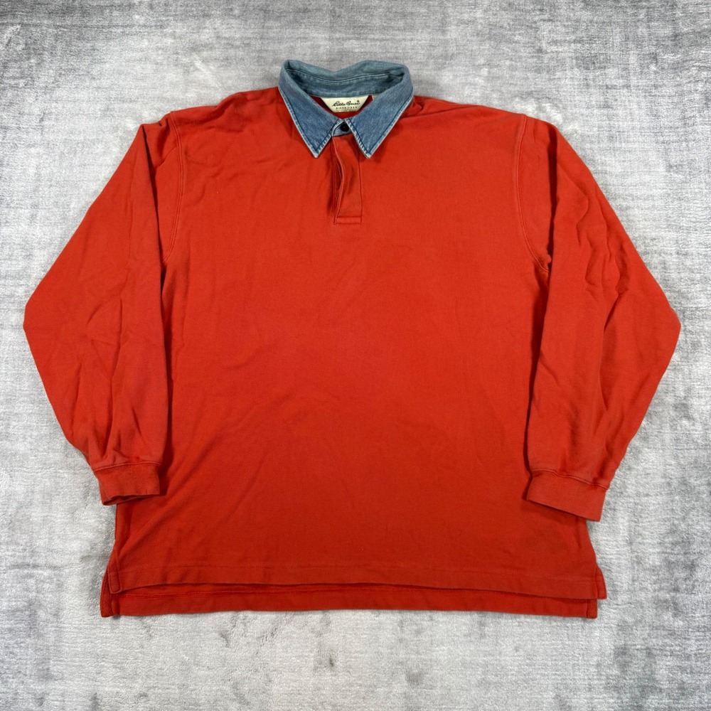 Eddie Bauer Shirt Mens Large Orange Vintage Y2K Polo Denim Collar Long Sleeve